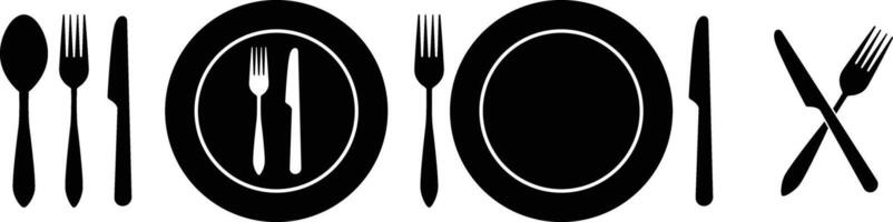 Dining Utensil Set . Spoon, Fork, Knife, and Plate Table Setting Silhouettes for Food and Etiquette Illustrations vector
