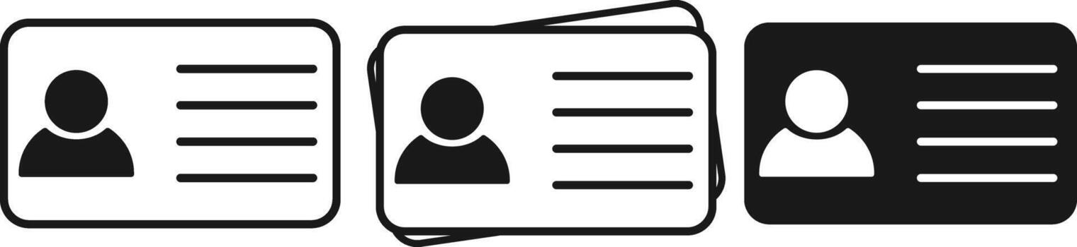 Identification Card Icon Set . Minimalist Silhouettes of Single and Stacked ID Cards with Profile and Text Elements on White Background vector