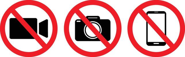 No Recording and Photography Sign. Red Circle Prohibition Icons for Camera, Photo Camera, and Smartphone Use on White Background vector