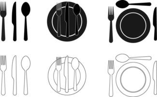 Elegant cutlery and plate silhouette icons set-Minimalist tableware line art for Restaurant, cafe, Menu design vector