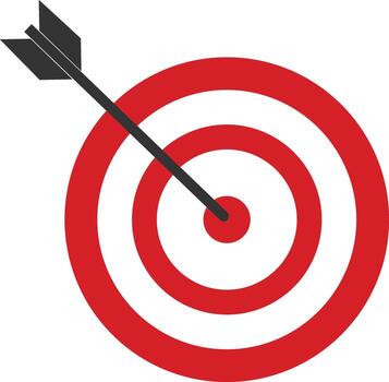 Bullseye Target Icon. Red and White Concentric Circle with Black Arrow Hitting Center for Goal, Precision, and Achievement Concepts vector