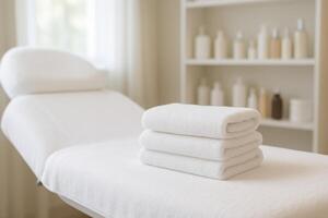 Pristine white treatment bed with stacked towels in a clean spa or beauty salon room photo