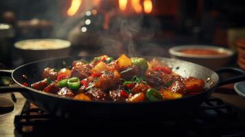Spicy red sauce with green peppers in a pan. photo