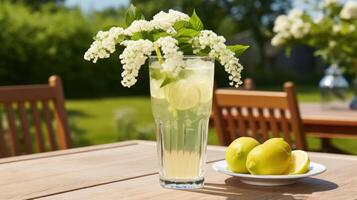 Refreshing lemonade with lemon slices and flowers on a table. photo