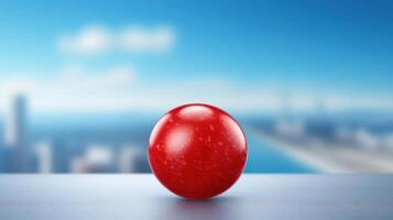 Red ball on a surface with a blurred city view. photo