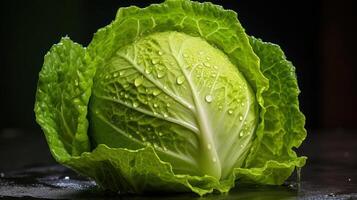 Fresh green cabbage with water droplets, close-up view. photo