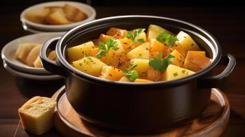 Hearty potato stew with fresh herbs, served with bread. photo