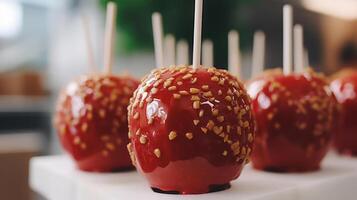 Delicious red caramel apples covered in peanuts. photo