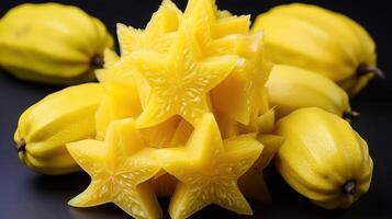 Star fruit slices and whole fruits on a dark surface. photo