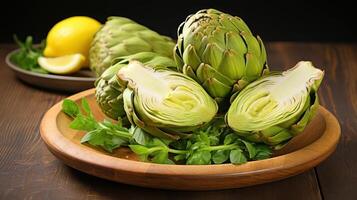 Artichokes on a wooden plate with lemon and greens. photo