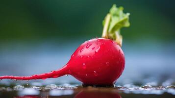 Close-up of a vibrant red radish with water droplets. photo