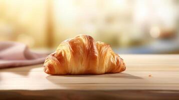 Golden croissant on a wooden surface, soft lighting. photo