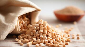 Tahini seeds spilling from a cloth bag. photo
