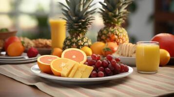 Fresh fruit platter with pineapple, oranges, and grapes. photo