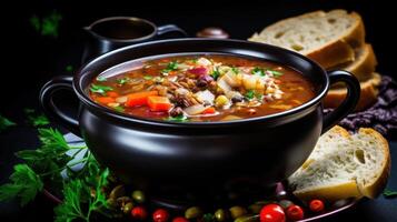 Delicious bowl of hearty soup with fresh bread. photo