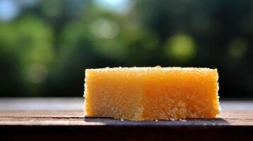 Close-up of a textured orange cube on a wooden surface. photo