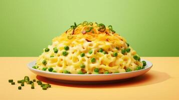 Creamy macaroni and cheese with peas and green onions. photo