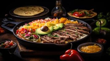 Grilled steak with avocado, salsa, and corn tortillas. photo