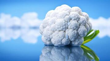 Fresh cauliflower head on a reflective blue surface. photo