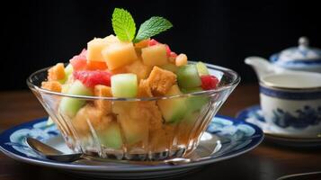 Fresh melon salad with mint in a glass bowl. photo