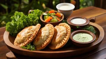 Savory pastries served with creamy dips and fresh herbs. photo