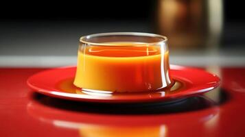 Orange juice in a glass on a red plate. photo