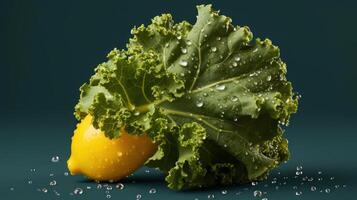 Fresh kale and carrot with water droplets. photo