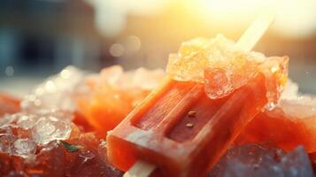Refreshing popsicle on ice, summer treat, close-up view. photo