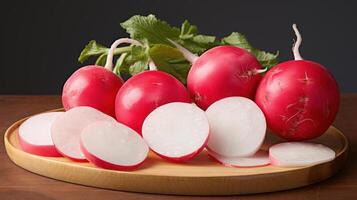 Fresh red radishes on a wooden board, sliced and whole. photo