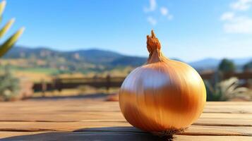 A single onion sits on a wooden surface with a blurred background. photo