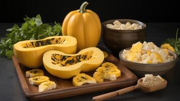 Butternut squash halves, cubes, and seeds on a wooden board. photo