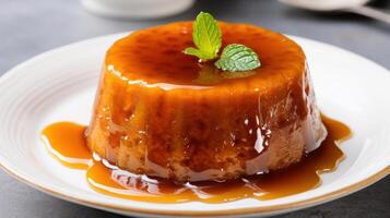 Classic caramel pudding with mint garnish on a plate. photo