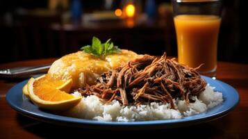 Pulled pork with rice, orange slices, and a refreshing drink. photo