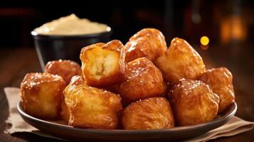 Golden pretzels with dipping sauce, perfect for sharing. photo