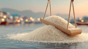 Rice swing over a mound of grains, serene scene. photo