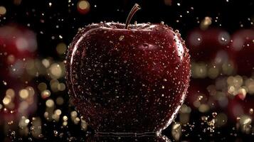 Dewy red apple with bokeh lights in the background. photo