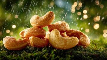 Pile of roasted cashews with a bokeh background. photo