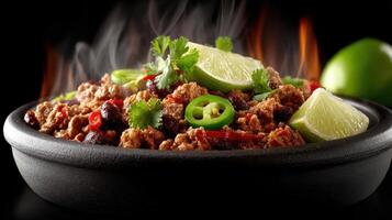 Spicy chili bowl with lime and cilantro. photo