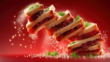 Flying sandwich with a burst of crumbs and herbs. photo
