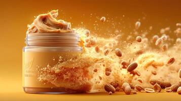 Peanut butter jar with flying peanuts, vibrant and delicious. photo