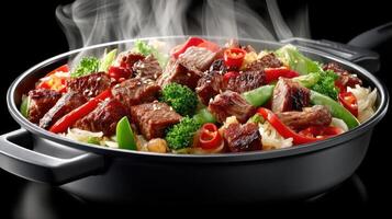 Beef stir-fry with vegetables in a pan. photo