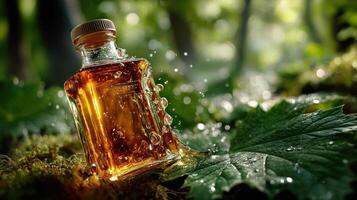 Honey jar in a lush, green forest setting. photo