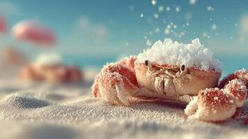 A crab covered in snow on a sandy beach. photo