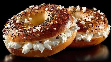 Two everything bagels with cream cheese, close-up, dark background. photo
