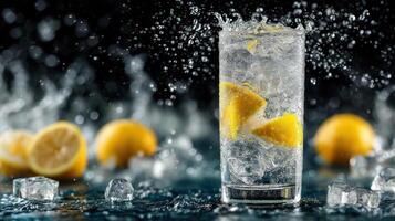 Refreshing orange sparkling water with ice and splash. photo