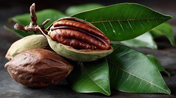 Pecans in their shells with vibrant green leaves. photo