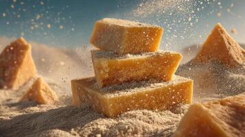 Stacked blocks in a desert landscape with sand particles. photo