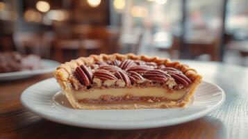 A slice of pecan pie on a white plate. photo