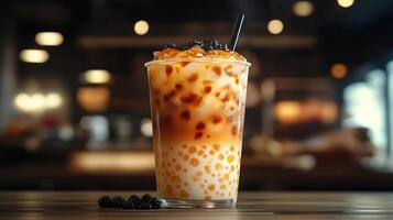 Delicious bubble tea with tapioca pearls, refreshing and vibrant. photo