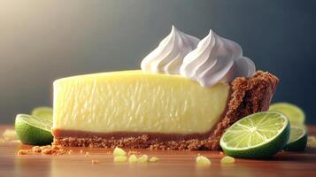 Delicious key lime pie slice with whipped cream and lime. photo